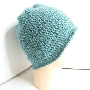 Aqua Green Hat WOOL Roll Up Brim Beanie OS Cap Handmade Crochet Hand Knit NWT